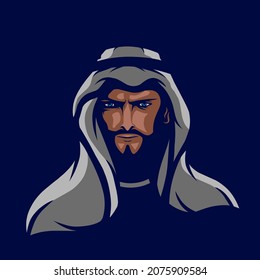 Arabian man logo vector line neon art potrait colorful design with dark background. Abstract graphic illustration. Isolated black background for t-shirt