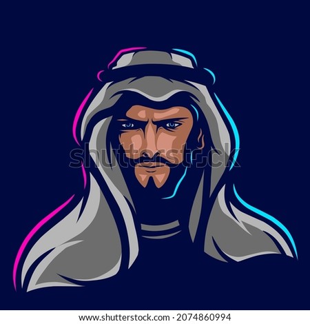 Arabian man logo vector line neon art potrait colorful design with dark background. Abstract graphic illustration. Isolated black background for t-shirt