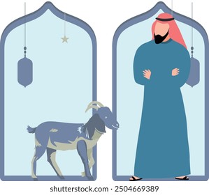 Arabian man looking at goat.