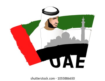 Arabian man on the background of the flag of the United Arab Emirates.Abstract image of a man silhouette .The flag of the United Arab Emirates.