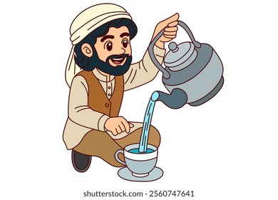 Arabian man pours the hot water into a teapot. Clipart cartoon.