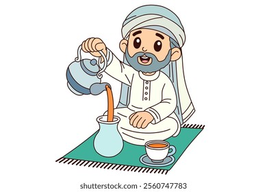 Arabian man pours the hot water into a teapot. Clipart cartoon.