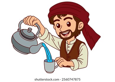 Arabian man pours the hot water into a teapot. Clipart cartoon.