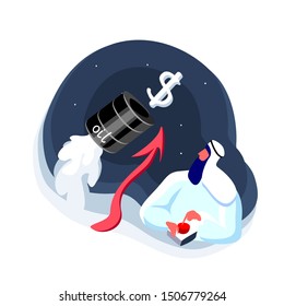 Arabian man press the start button to launch a rocket of oil barrel meanins increasing of prices. Oil barrel, red rising graph and upward arrow vector illustration, concept of revenue, production