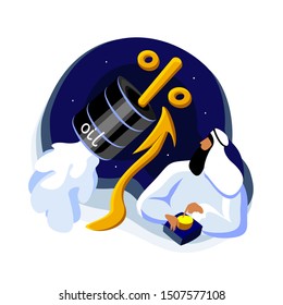 Arabian man press the start button to launch a rocket of oil barrel meaning increasing of interest. Oil barrel, yellow rising graph and upward arrow vector illustration, concept of revenue, production