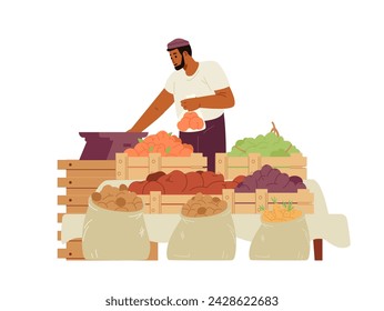 Hombre árabe que vende frutas y verduras ilustración vectorial plana aislado en blanco. Hombre de Medio Oriente pesando frutas en un bazar.