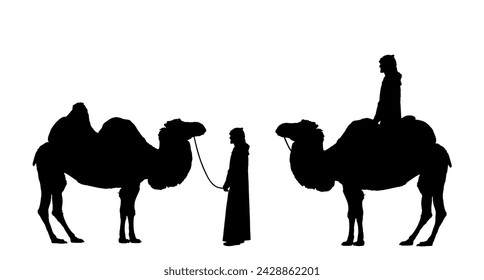 Arabian man sheikh siting and riding camel vector silhouette illustration isolated on white background. Arab sheikh in traditional clothes illustration. Transportation with animal in Asia and Africa.