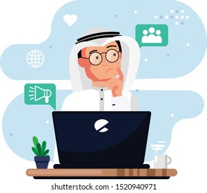 arabian man  sitting on front of laptop thinking. Flat styled concept vector illustration with office worker - Vector