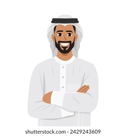 Arabian man standing arms crossed. Flat vector illustration isolated on white background