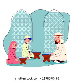 Arabian Man Teaching Quran to Little Kids, Vector Cartoon Illustration