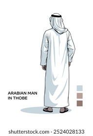 Arabian Man in Thobe white Arabian cultural dress robe for Gulf region Saudia Arabia, Kuwait, emirate, an illustration in 3 colours light and shadow