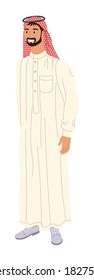 Arabian man. Vector smiling arabian man in traditional clothes and headdress isolated on white background. Middle east outfit fashion illustration