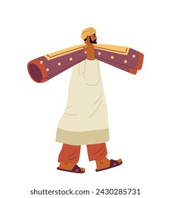 Arabian man walking with rolled up carpet on his shoulder flat vector illustration isolated on white.