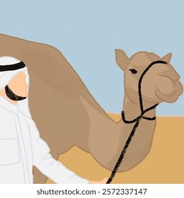 Arabian man wearing white dress with camel in desert