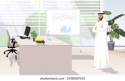 Arabian man in a white cloth stands in the office with his arms crossed over his chest. The workplace is in the office room. Financial charts in a white board in the background. Vector illustration