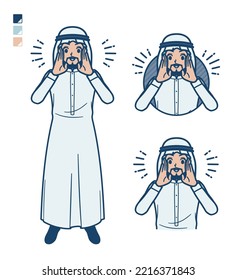 A arabian man in white costume with Calling out loud images.It's vector art so it's easy to edit.