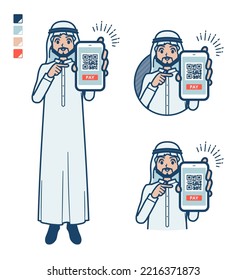 A arabian man in white costume with cashless payment on smartphone images.It's vector art so it's easy to edit.