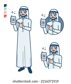 A arabian man in white costume with cashless payment on smartphone images.It's vector art so it's easy to edit.