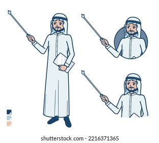 A arabian man in white costume with Explanation with a pointing stick images.It's vector art so it's easy to edit.