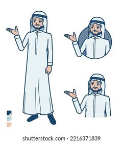 A arabian man in white costume with Explanation images.It's vector art so it's easy to edit.