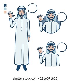 A arabian man in white costume with greeting images.It's vector art so it's easy to edit.