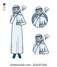 A arabian man in white costume with Holding a smartphone and troubled images.It's vector art so it's easy to edit.