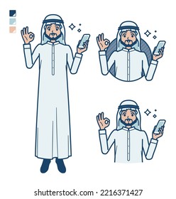 A arabian man in white costume with Holding a smartphone and doing an OK sign images.It's vector art so it's easy to edit.