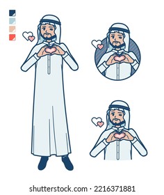 A arabian man in white costume with making a heart symbol by hand images.It's vector art so it's easy to edit.