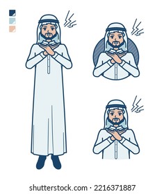 A arabian man in white costume with Making a Cross with arms images.It's vector art so it's easy to edit.