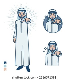 A arabian man in white costume with Pointing to the front images.It's vector art so it's easy to edit.