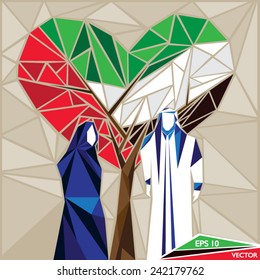Arabian Man And Wife Under A Heart Shaped UAE Flag Tree