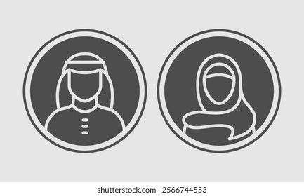 Arabian man and woman avatar in black circle. Saudi People User Icons. Vector illustration