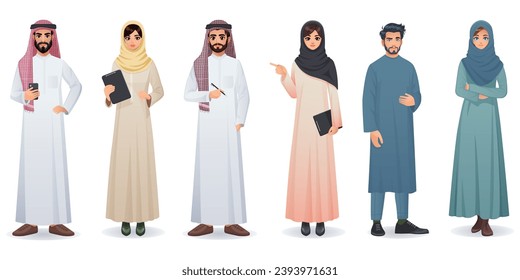 Arabian man and woman portrait full height, traditional muslim female and male character. Saudi national wear. Islamic young family. Beard and mustache. Family couple. Vector illustration