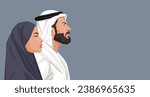 Arabian man and woman side portrait, traditional muslim female and male character. Saudi national wear. Islamic young family. Beard and mustache. Lovely couple. Vector illustration