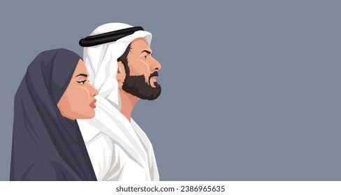 Arabian man and woman side portrait, traditional muslim female and male character. Saudi national wear. Islamic young family. Beard and mustache. Lovely couple. Vector illustration