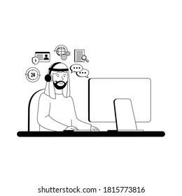 Arabian Man Work as Call Center or Customer Service Flat Outline Illustration