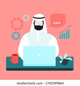 Arabian man working at the table at home with laptop. Home freelance. Concept illustration for working, studying, education, work from home, healthy lifestyle. coronavirus, self-isolation