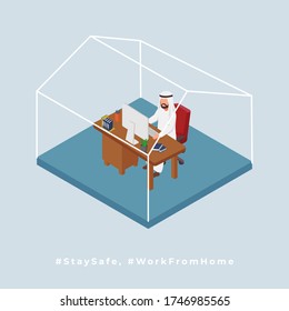 Arabian Man Works From Home. Isometric Illustration 