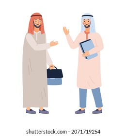 Arabian men business meeting scene, flat vector illustration isolated on white background. Modern muslim business people or entrepreneurs in traditional clothes.