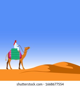 Arabian men riding camel across sand desert illustration.