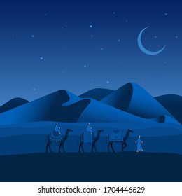 Arabian men riding camel across sand desert at night illustration.