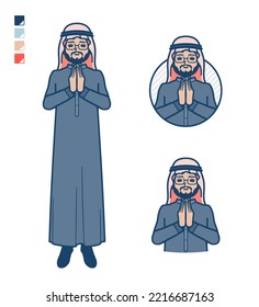 A arabian middle man in Black costume with press hands in prayer images.It's vector art so it's easy to edit.