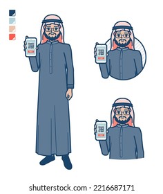 A arabian middle man in Black costume with cashless payment on smartphone images.It's vector art so it's easy to edit.