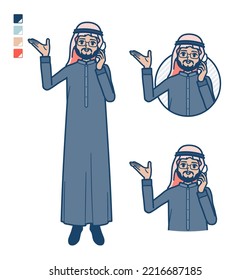 A arabian middle man in Black costume with Call on smartphone images.It's vector art so it's easy to edit.