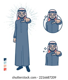 A arabian middle man in Black costume with Pointing to the front images.It's vector art so it's easy to edit.