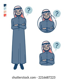 A arabian middle man in Black costume with Question images.It's vector art so it's easy to edit.