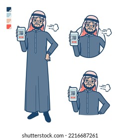 A arabian middle man in Black costume with cashless payment on smartphone Troubled images.It's vector art so it's easy to edit.