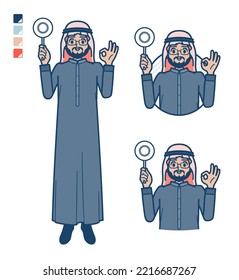 A arabian middle man in Black costume with Put out a circle panel images.It's vector art so it's easy to edit.