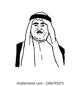 Arabian Middle-Aged Man with Scarf. Sheikh Khalid bin Mohammed Al Qasimi. Former Ruler of Sharjah and Founder of United Arab Emirates. Hand drawn illustration. Vector Eps 08.