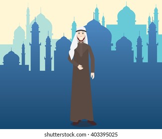 arabian moslem men with mosque as background